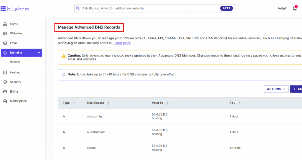 scroll down to 'Manage Advanced DNS Records'.