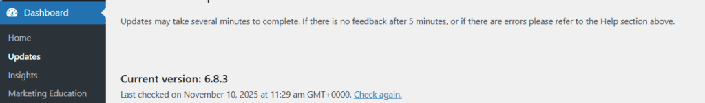 open wordpress dashboard and check wordpress versiob