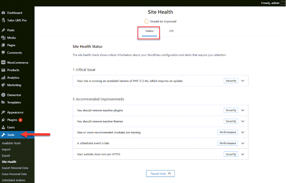 site health - status