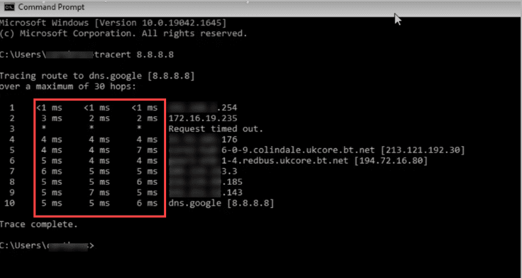 time it takes to reach each hop to measure any latency