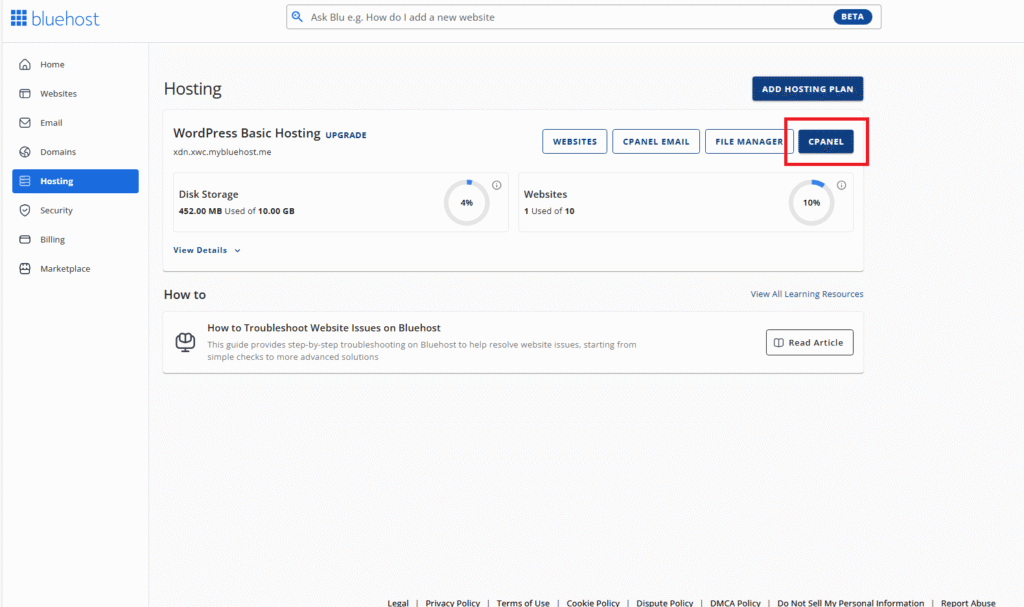 screen image of hosting tab, showing how to navigate cpanel