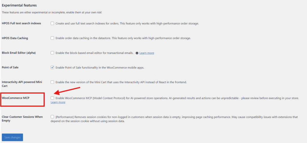 Image showing enabling MCP feature in WooCommerce