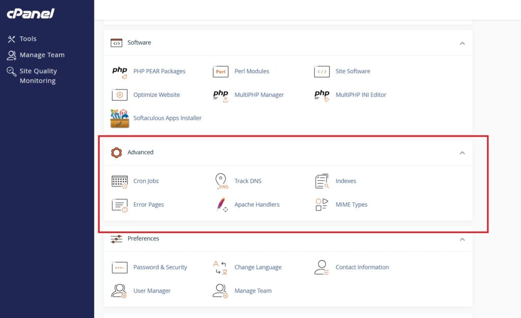Screen showing how to navigate advanced options in cpanel
