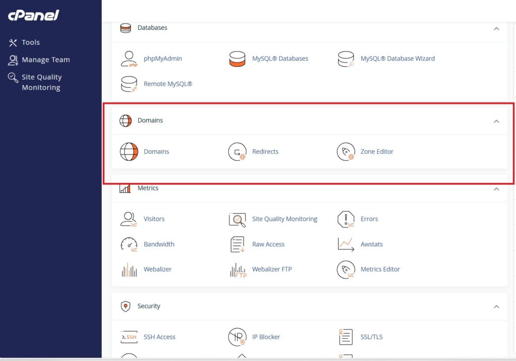 screen showing how to navigate domain options in cpanel