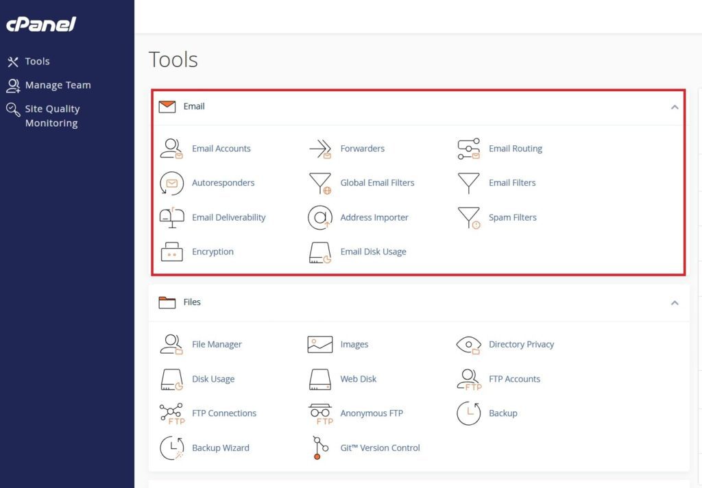 screen showing how to navigate email options in cpanel
