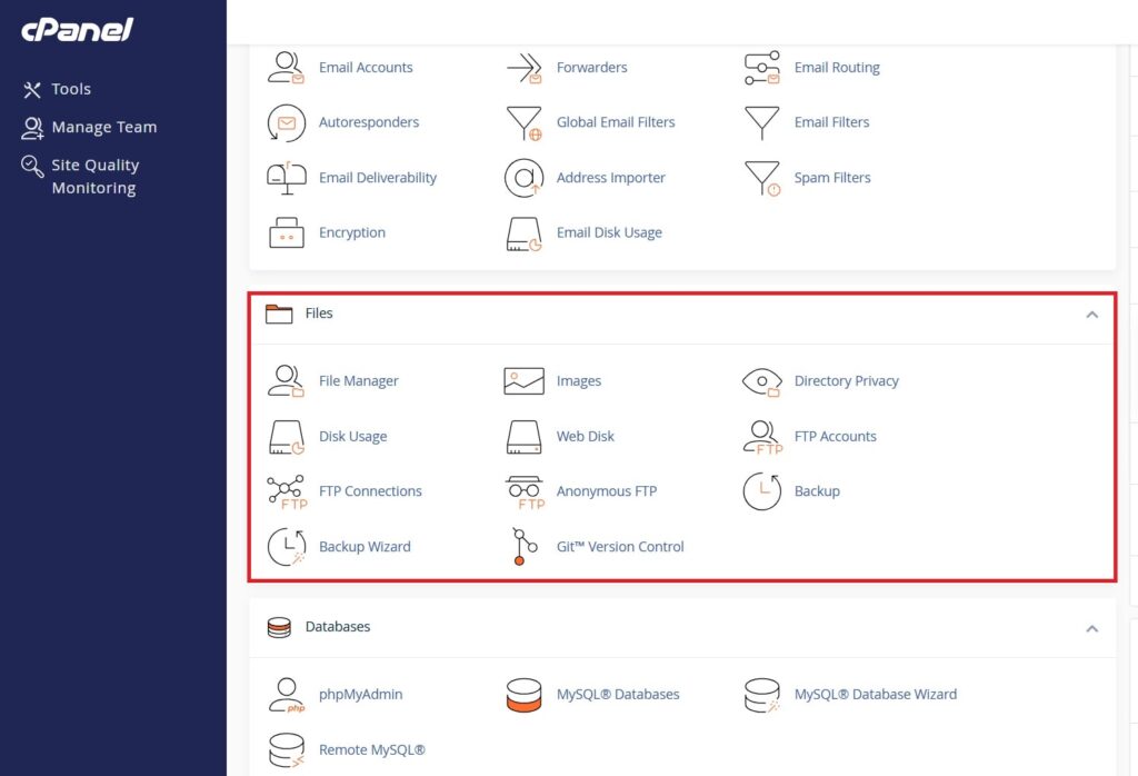 screen image showing how to navigate files in cpanel