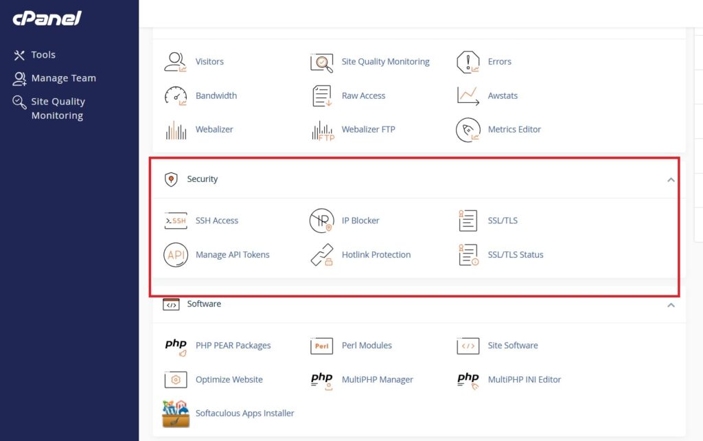 Screen showing how to navigate security options in cpanel