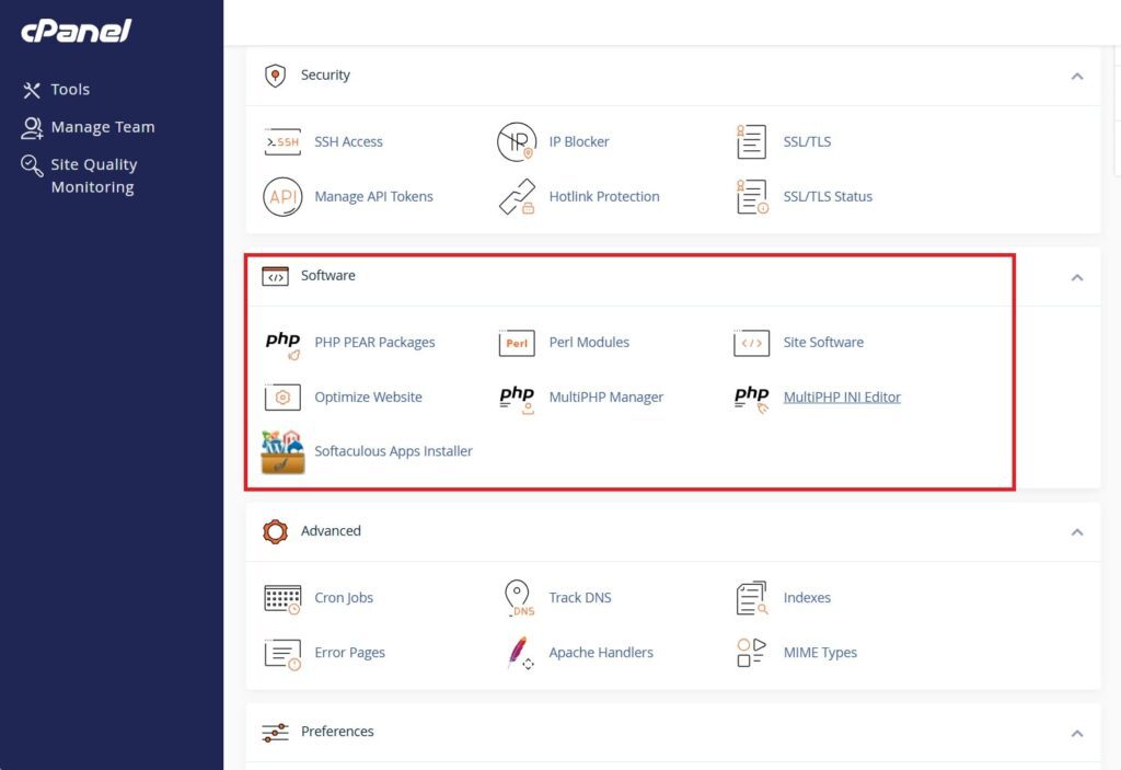 Screen showing how to navigate software options in cpanel