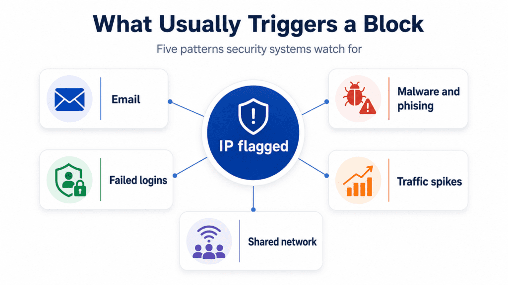 why is my IP address blacklisted—email spam, failed logins, malware, traffic spikes