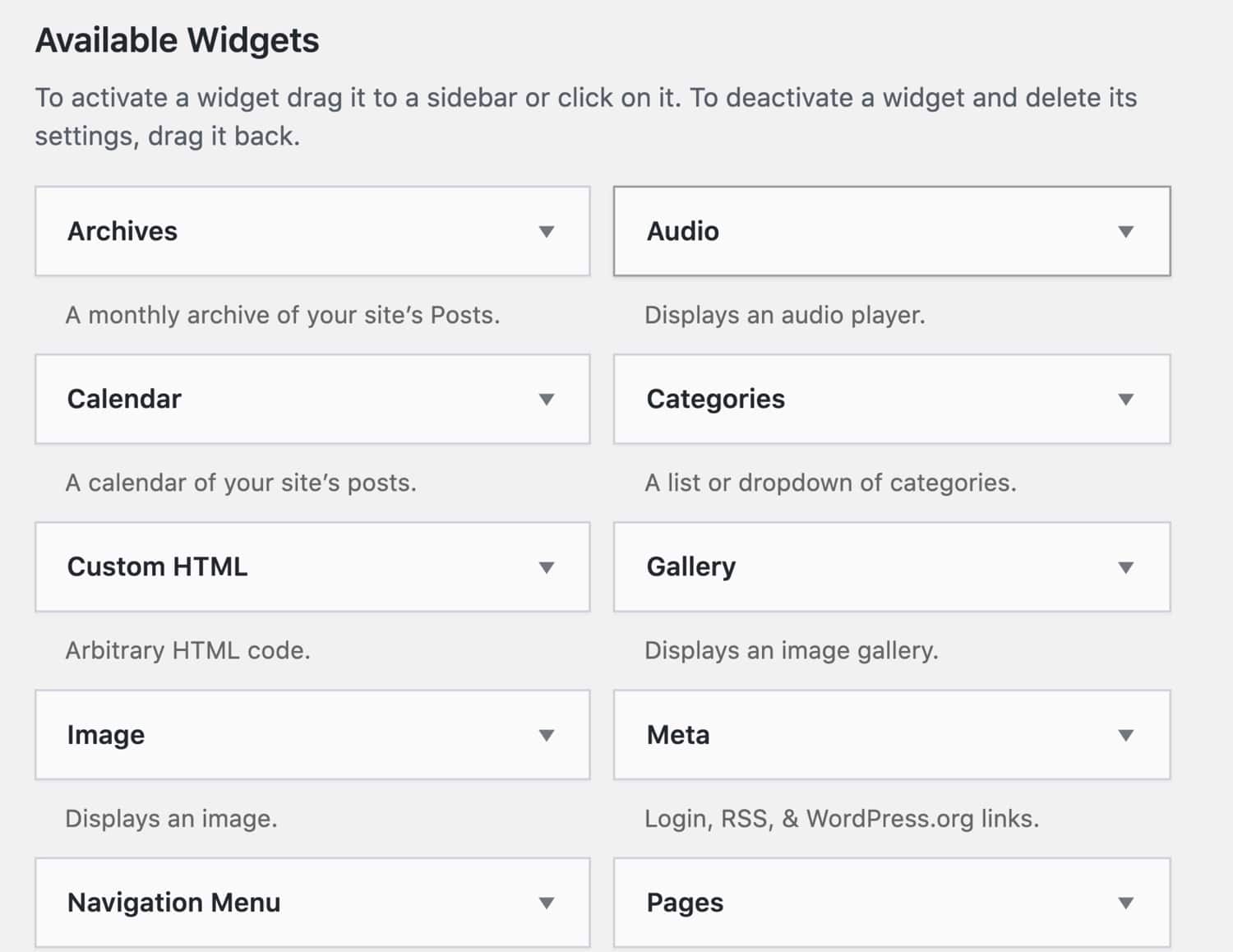 WordPress widgets dashboard showing available widgets like calendar, gallery, and navigation menu