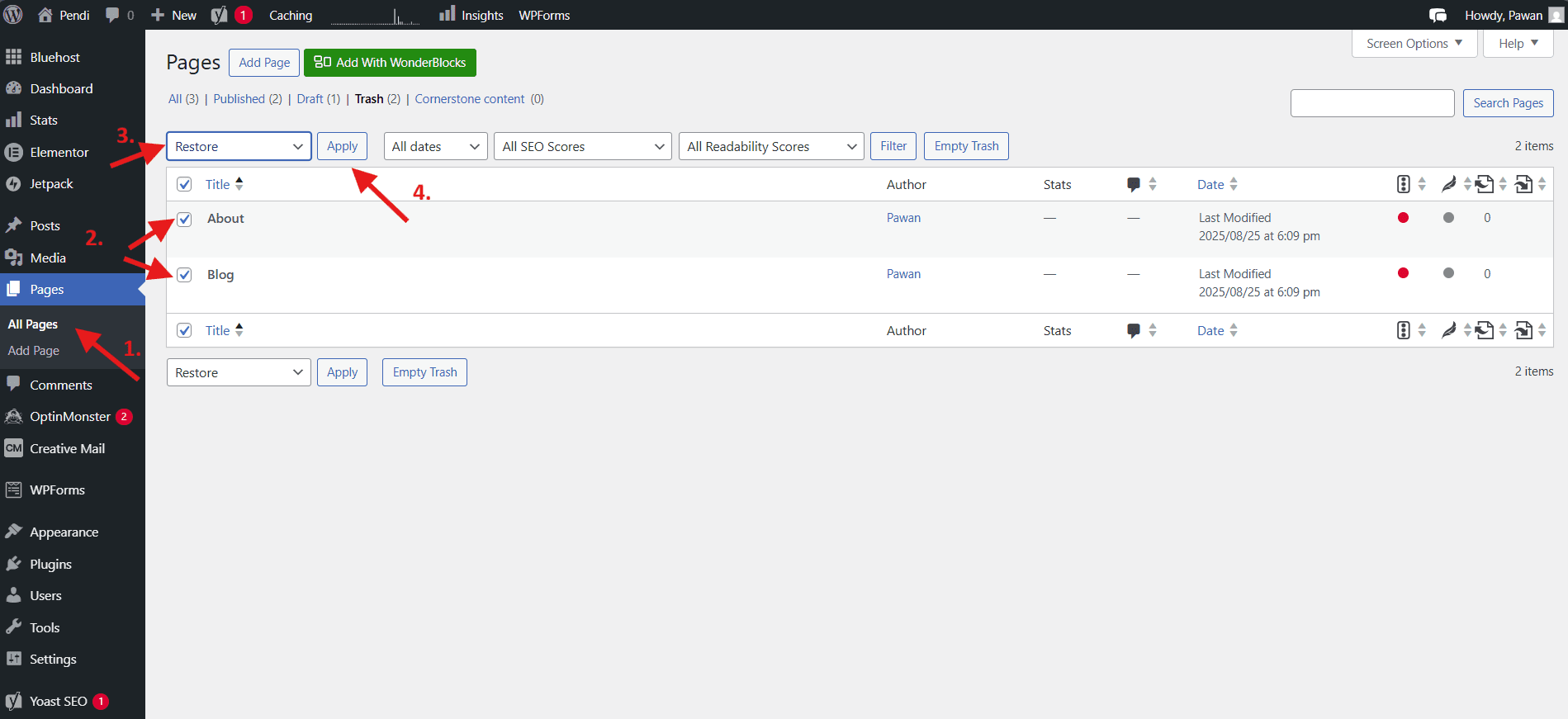 WordPress dashboard showing how to bulk restore pages step by step for beginners
