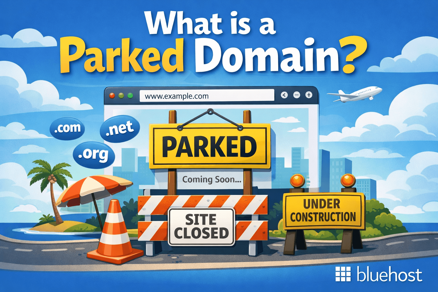 Parked domains concept with SSL guide, site closed and under construction signs, domain extensions shown