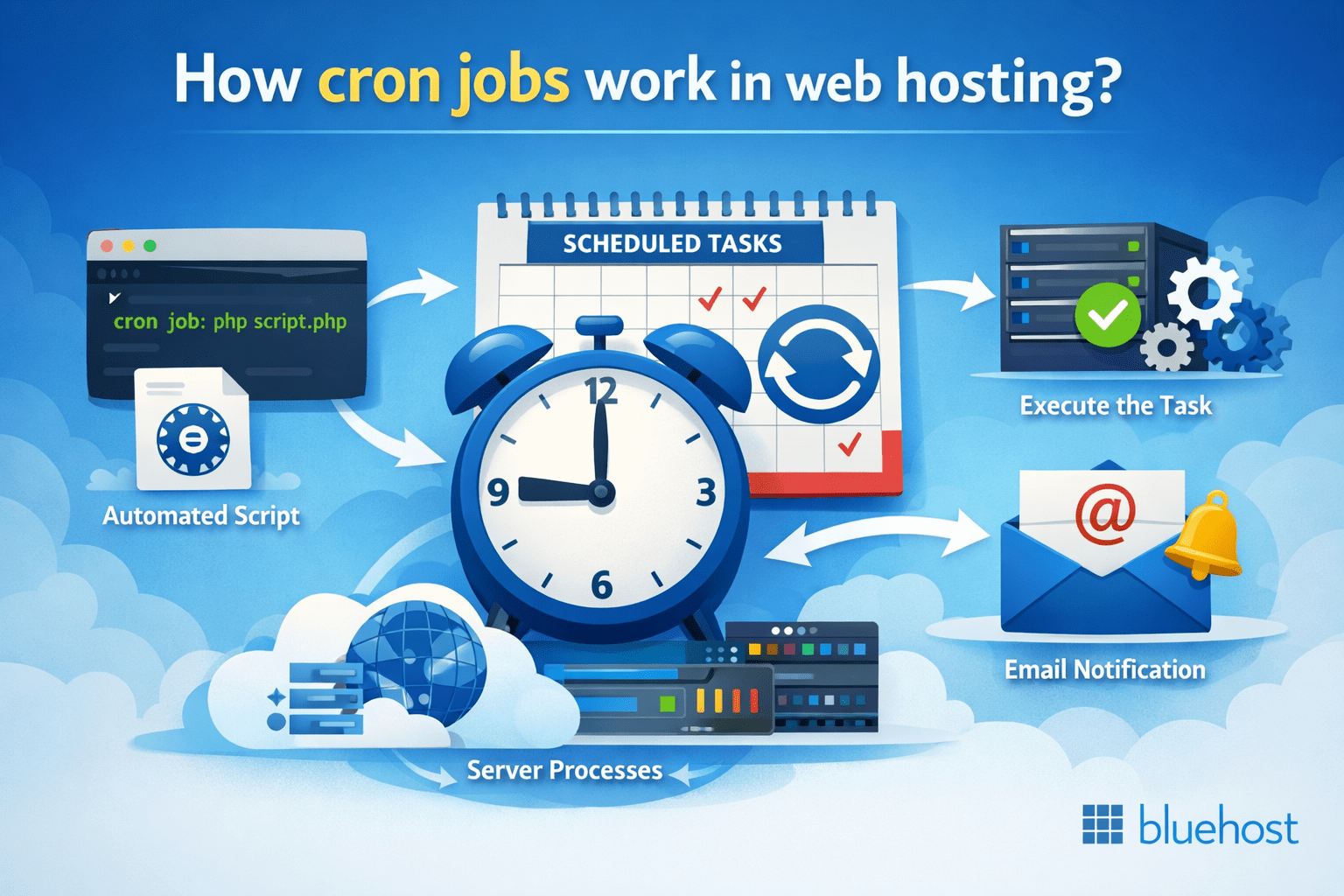 cPanel cron jobs setup page for creating, scheduling, and managing automated cron jobs in Bluehost