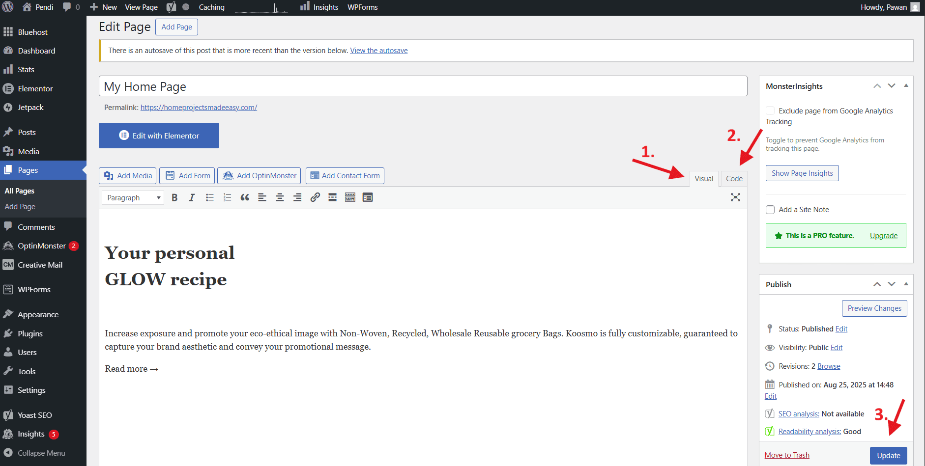 WordPress edit page dashboard showing how to edit pages in WordPress with visual editor options