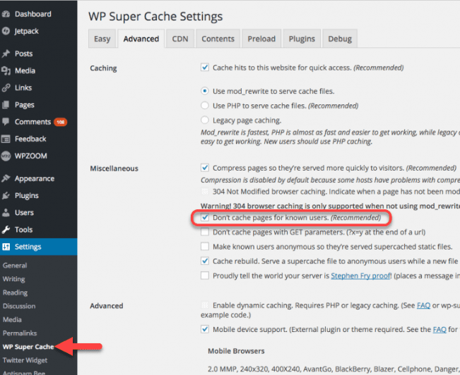 WP Super Cache advanced settings screen highlighting WordPress plugin issues and troubleshooting steps