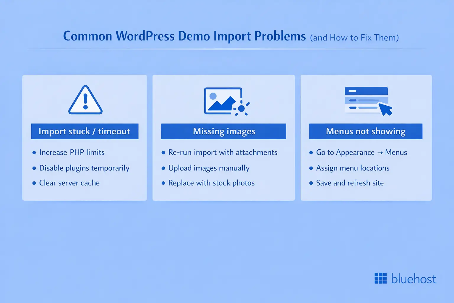 Common WordPress import demo content problems and solutions for missing images and menus.