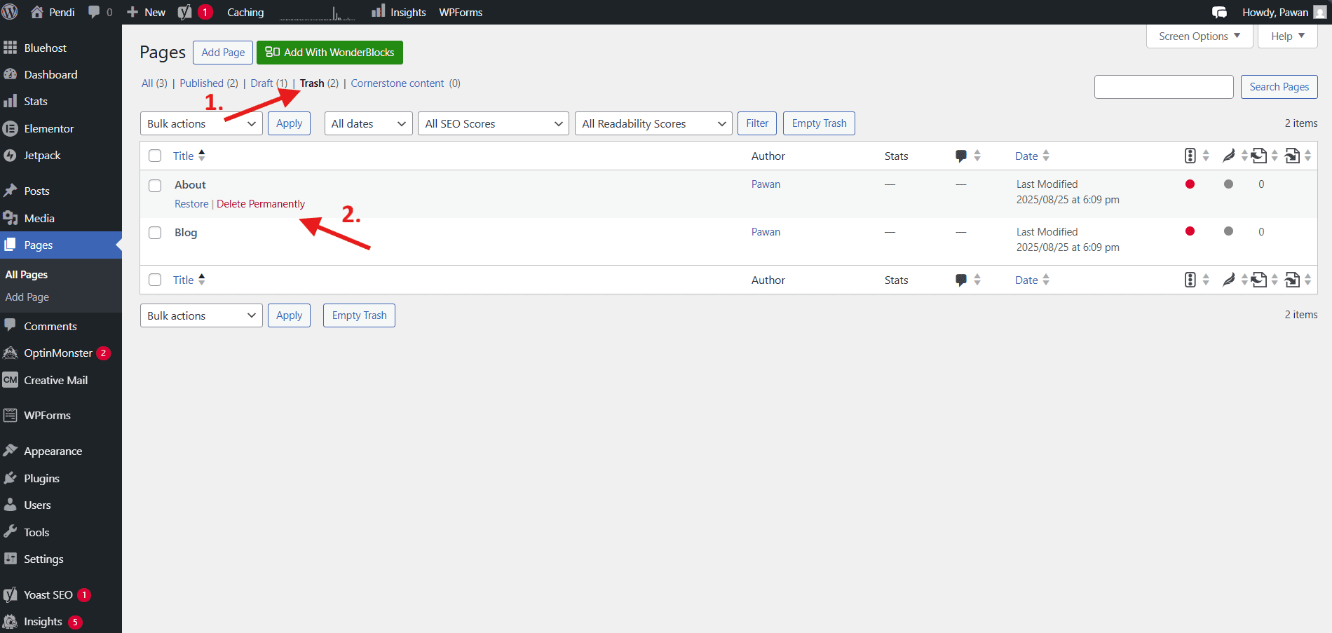 WordPress dashboard showing how to delete a page in WordPress with trash and delete permanently options