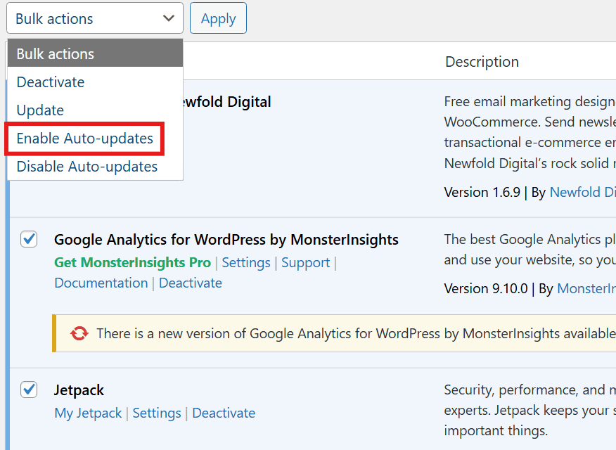 Bulk actions dropdown showing how to automatically update WordPress plugins with enable auto-updates selected