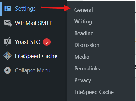 WordPress dashboard settings menu for fixing WordPress not sending email issue step-by-step