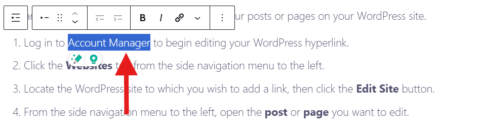 WordPress editor showing how to add internal link in WordPress by selecting text and link button