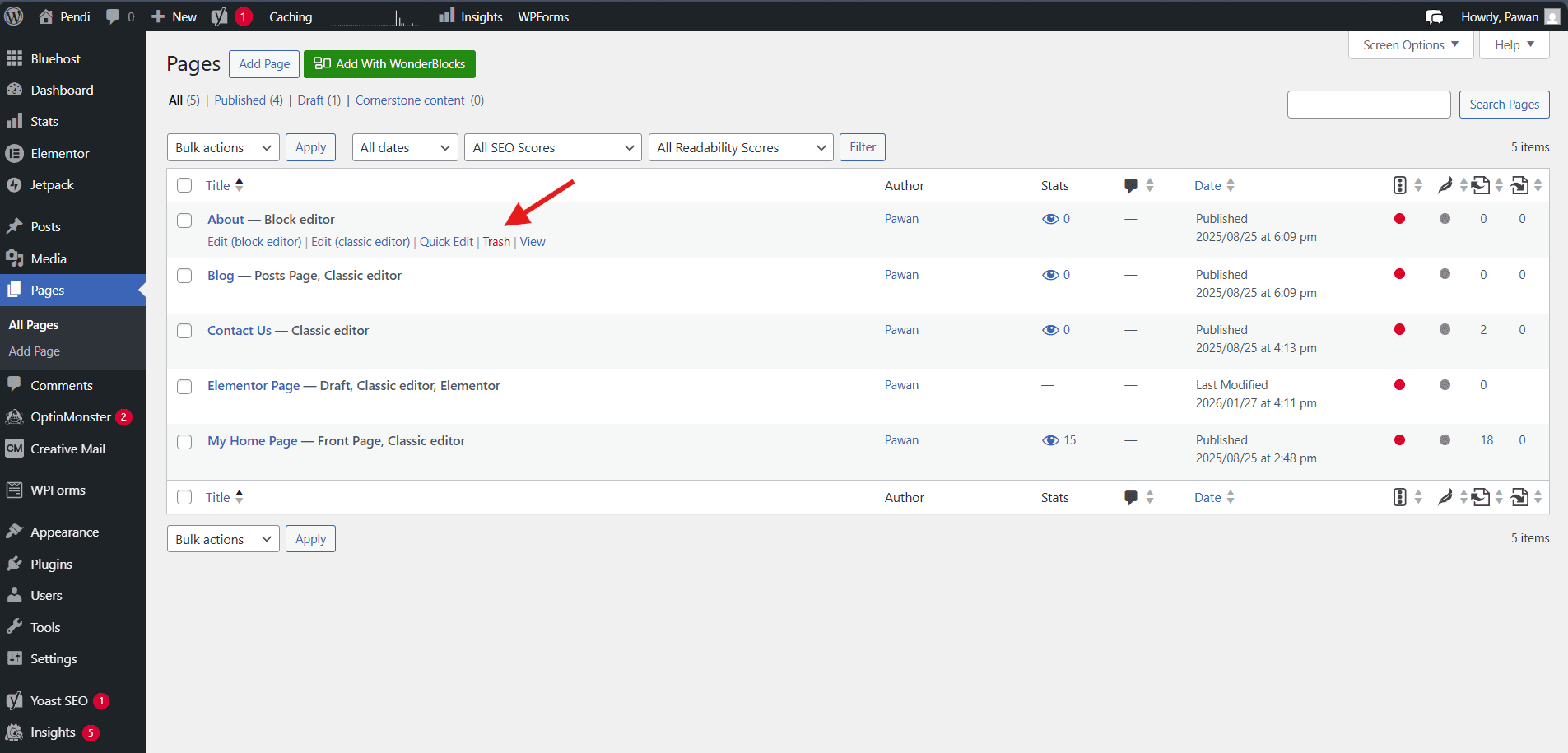 WordPress dashboard showing how to delete pages using Trash option