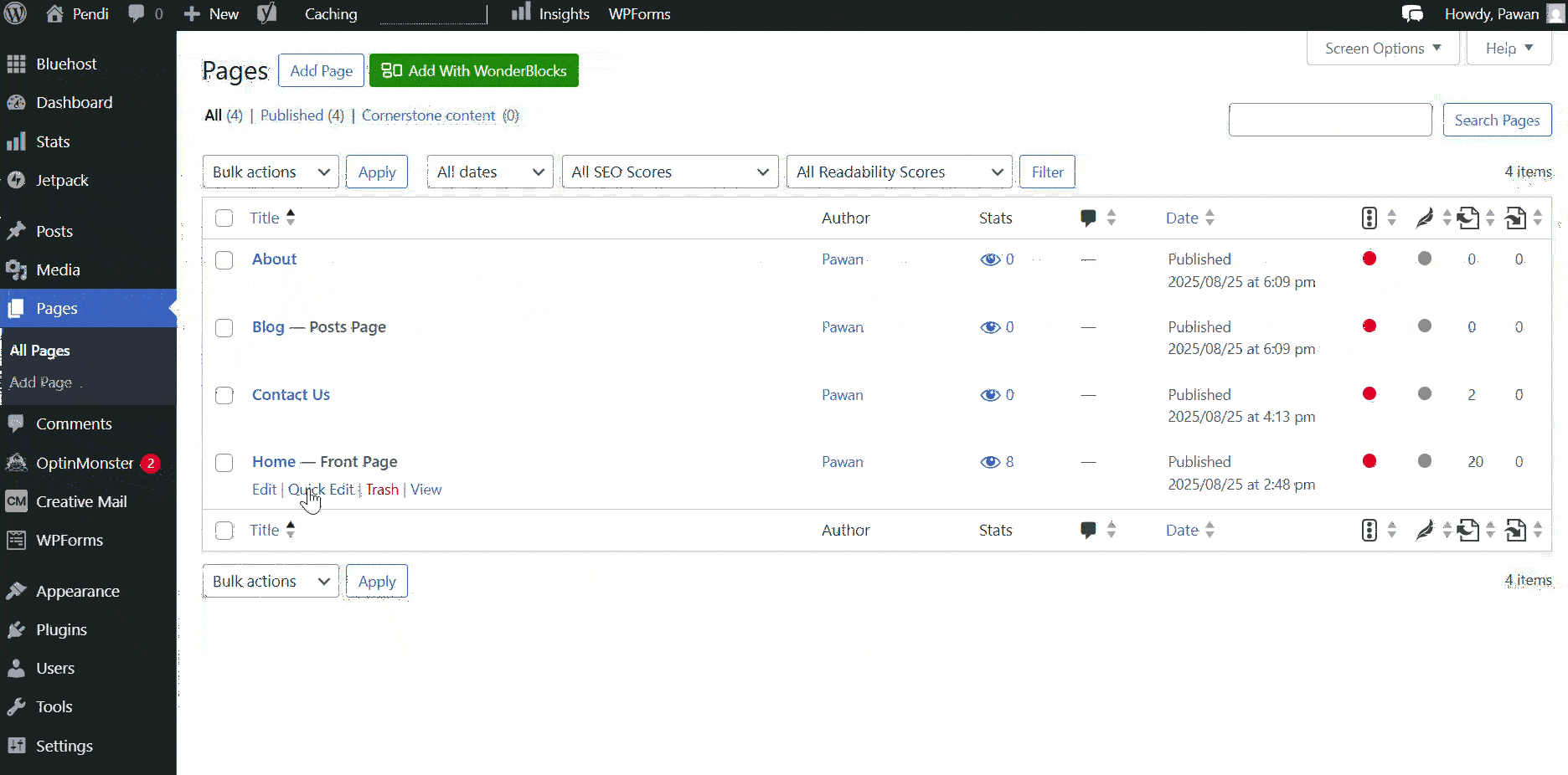 WordPress dashboard showing how to edit pages in WordPress, select, and manage page options