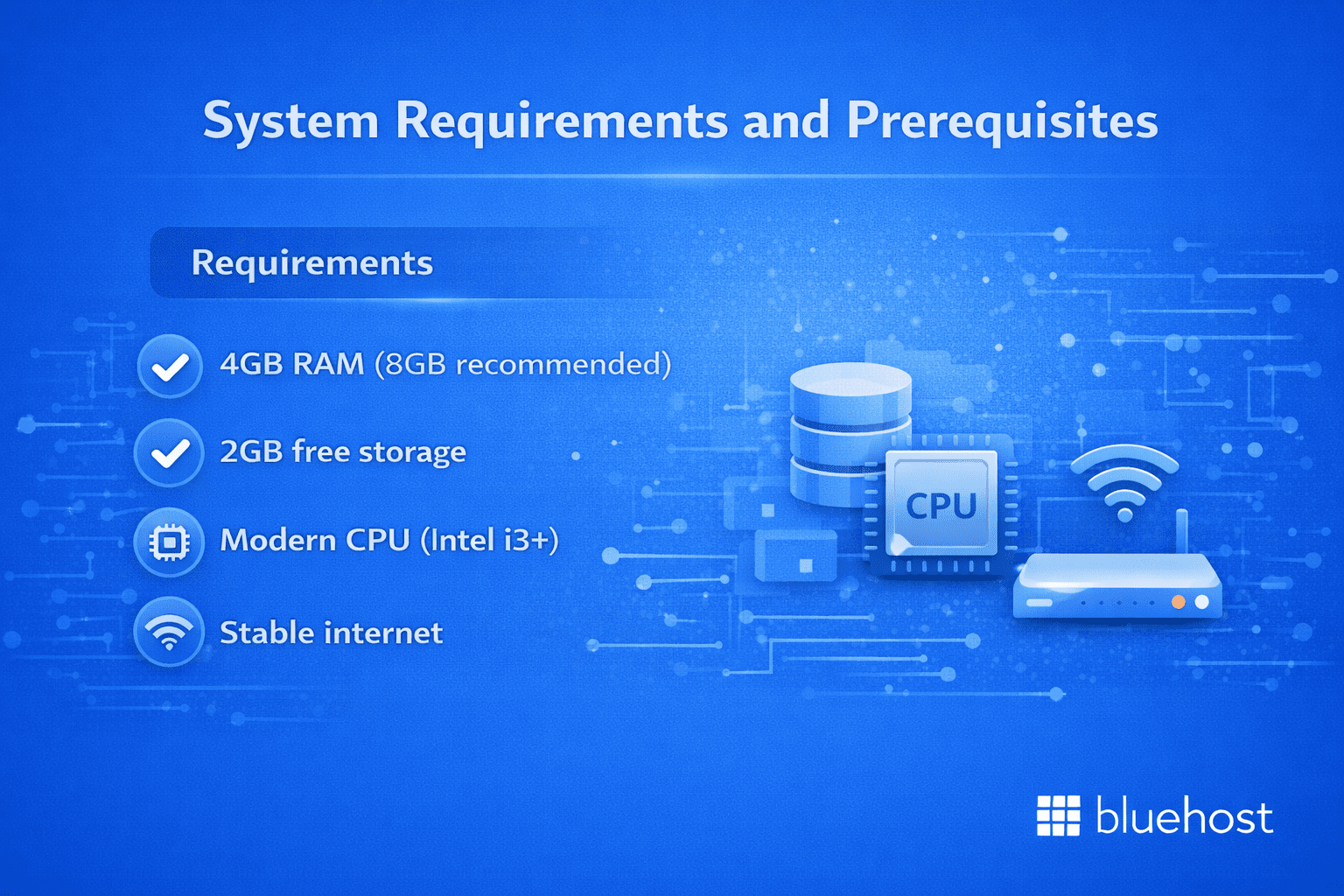 Setting up Ruby on Rails system requirements: RAM, CPU, storage, internet for Bluehost setup.