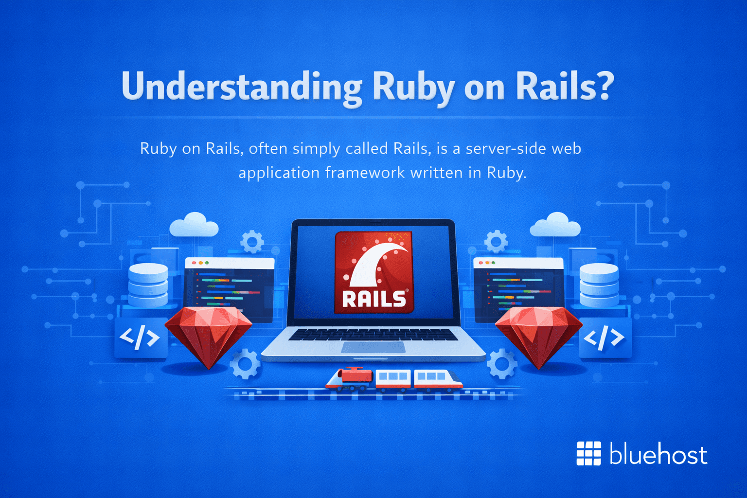 Setting up Ruby on Rails, laptop with Rails logo, coding icons and Ruby gems on Bluehost blog