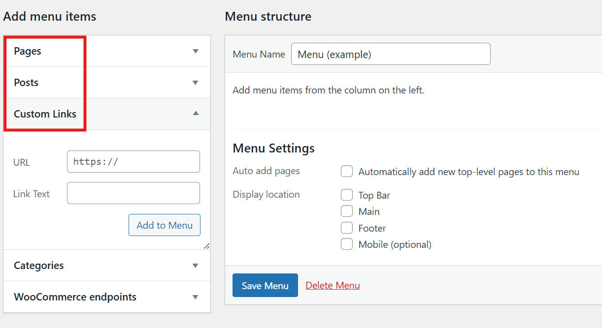 WordPress add links menu screen showing how to add links in WordPress using custom links