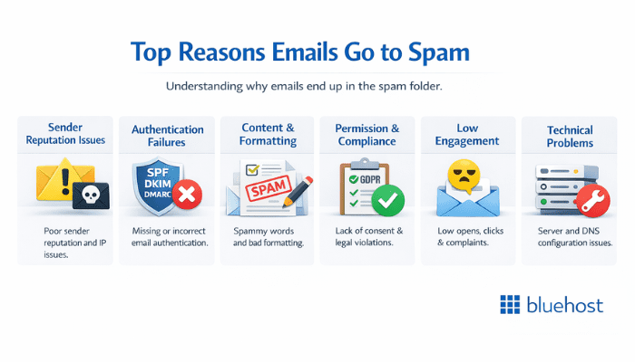 why emails go to spam: sender issues, spam triggers, low engagement, technical errors