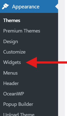 WordPress dashboard with Widgets highlighted under Appearance menu for managing WordPress widgets