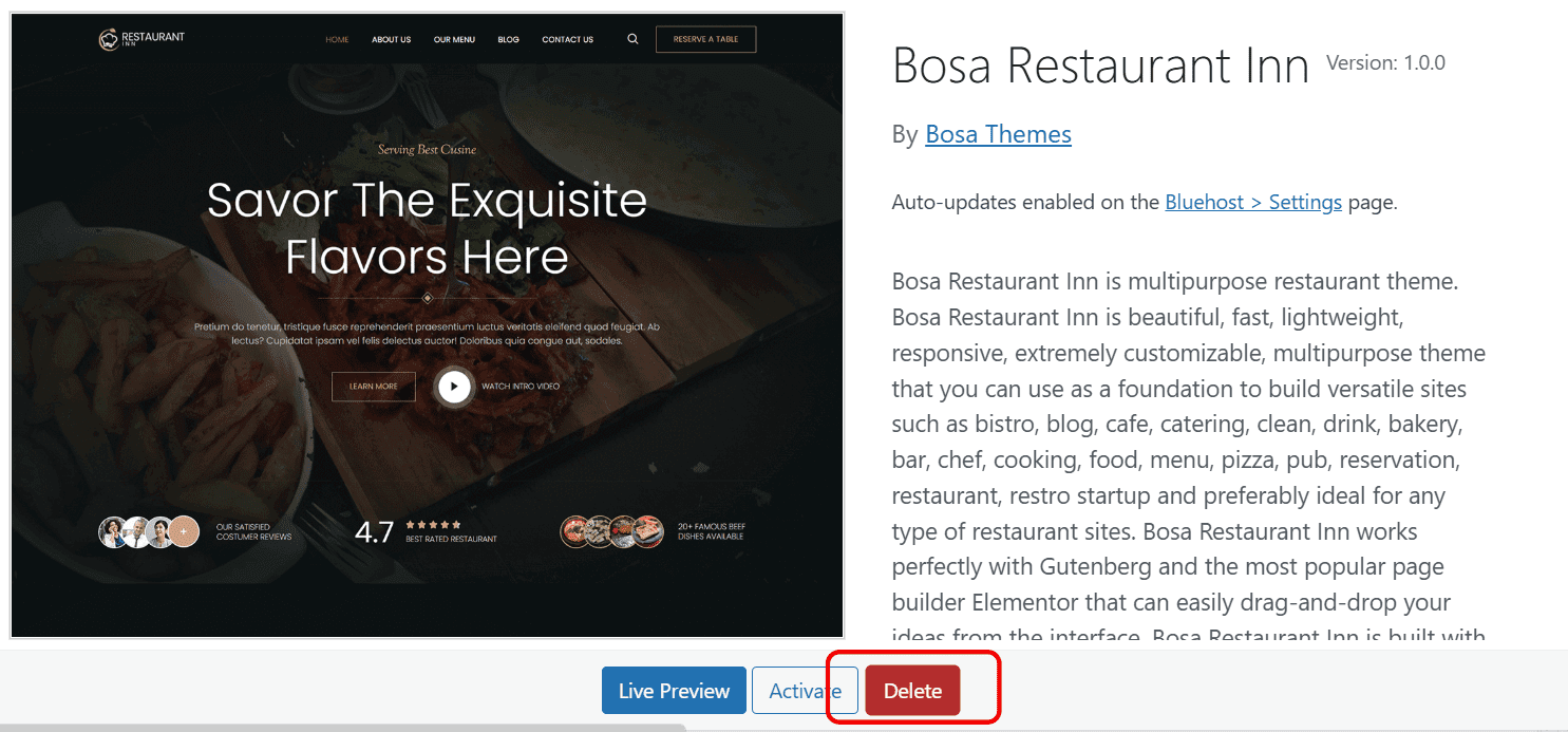WordPress dashboard showing how to delete themes from WordPress using the Delete button