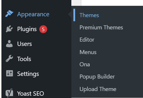 WordPress dashboard menu showing how to delete themes from WordPress under Appearance settings