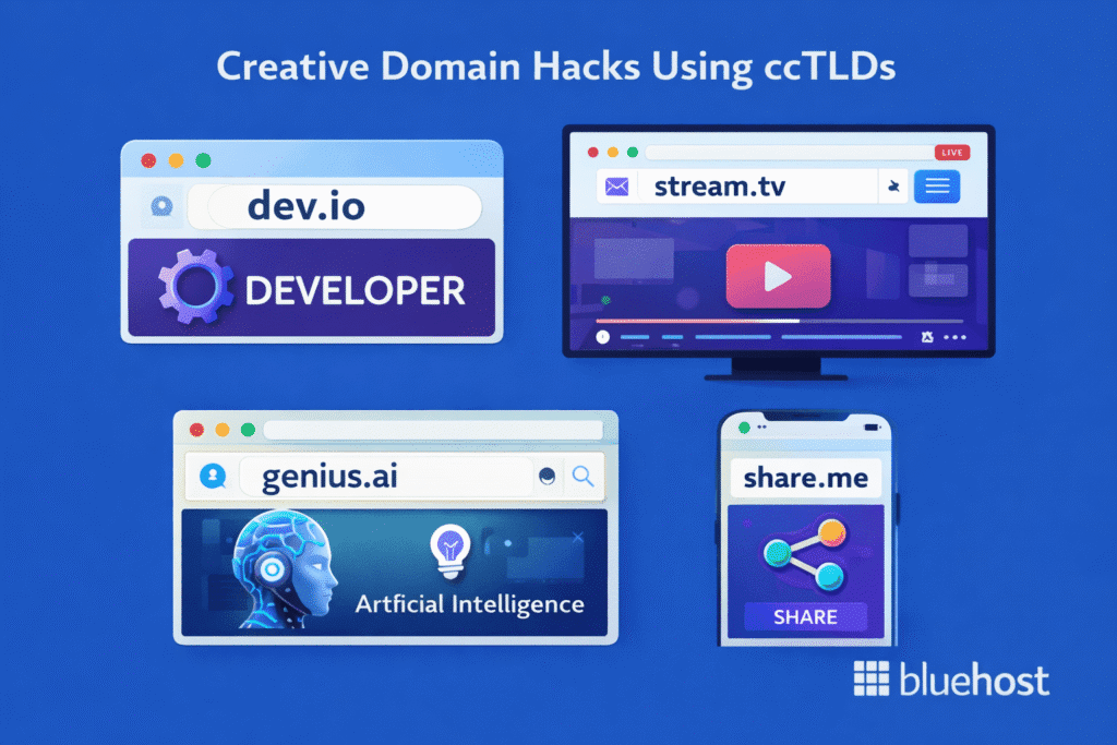 ccTLD renewal timeline visual with popular domain hacks, showing expiration and renewal importance