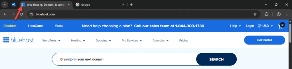 Browser tab showing favicon.ico example on Bluehost, demonstrating how to add favicon to your website
