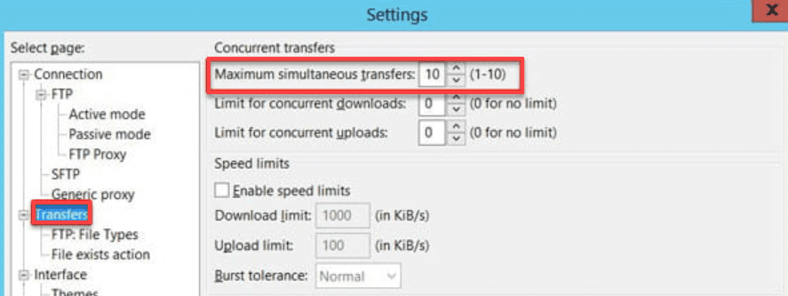 FileZilla upload speed slow settings page showing maximum simultaneous transfers and speed limits options