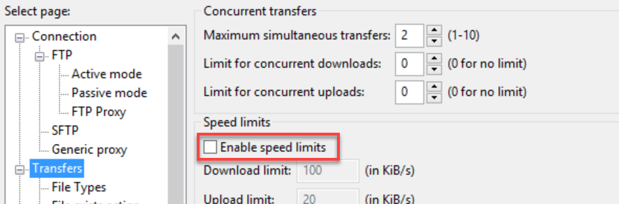 FileZilla transfers settings showing speed limits option, common cause of filezilla upload speed slow.