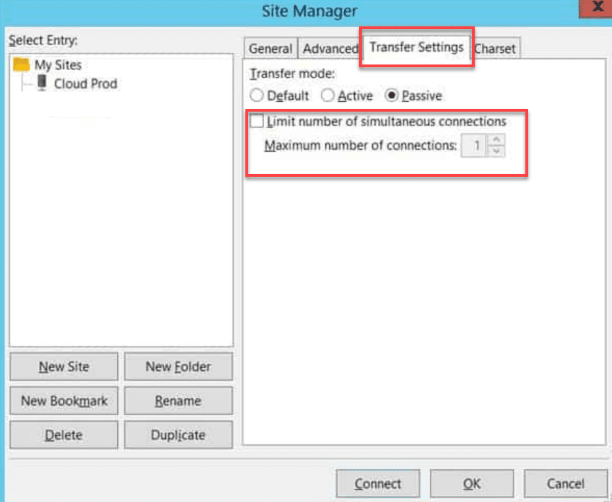FileZilla transfer settings screen showing connection limits to troubleshoot filezilla upload speed slow