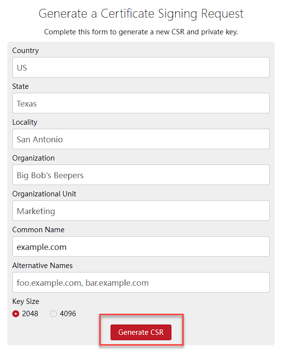 CSR form for how to install third party SSL certificate in cPanel on Bluehost step-by-step