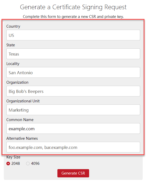 CSR form example for how to install third party SSL certificate in cPanel on Bluehost