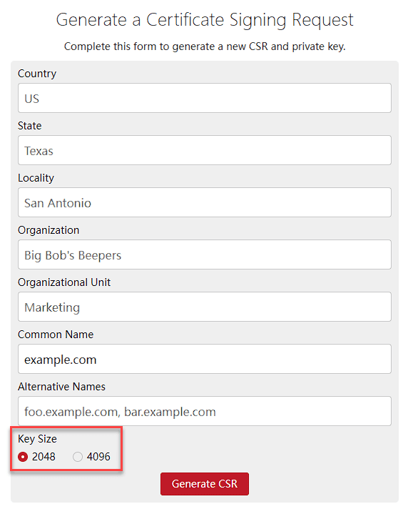 CSR form in cPanel for how to install third party SSL certificate on Bluehost step-by-step