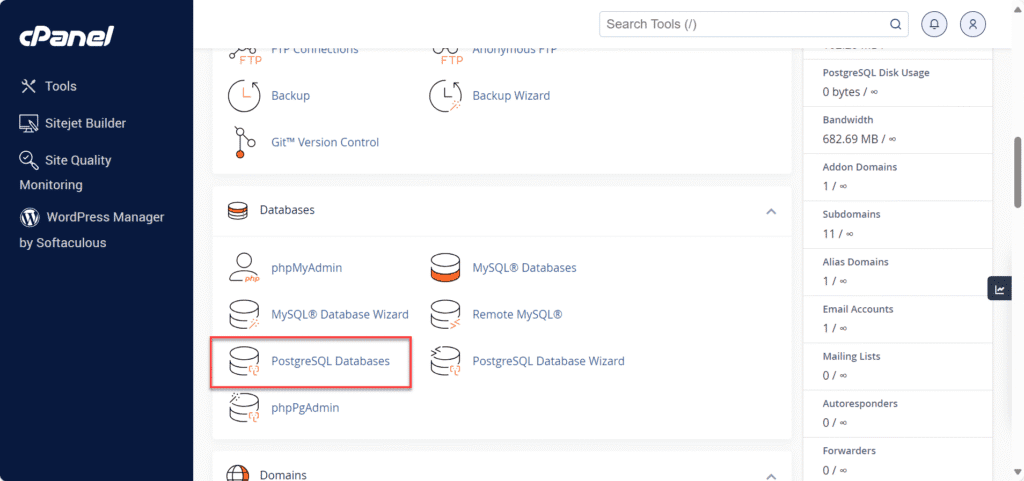 cPanel dashboard showing how to create database in PostgreSQL using the PostgreSQL Databases option