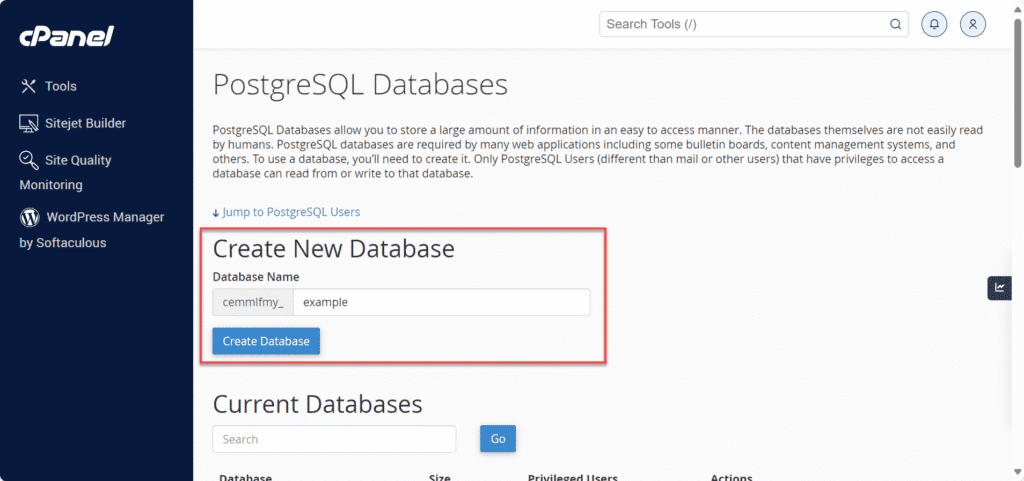 cPanel interface to create PostgreSQL database, showing database name field and create button