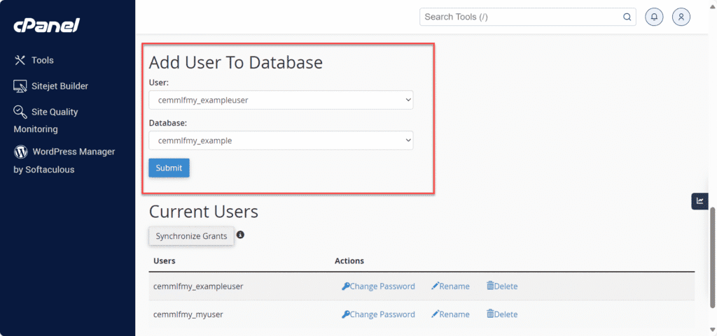 cPanel interface to create PostgreSQL database and add user for easy database management