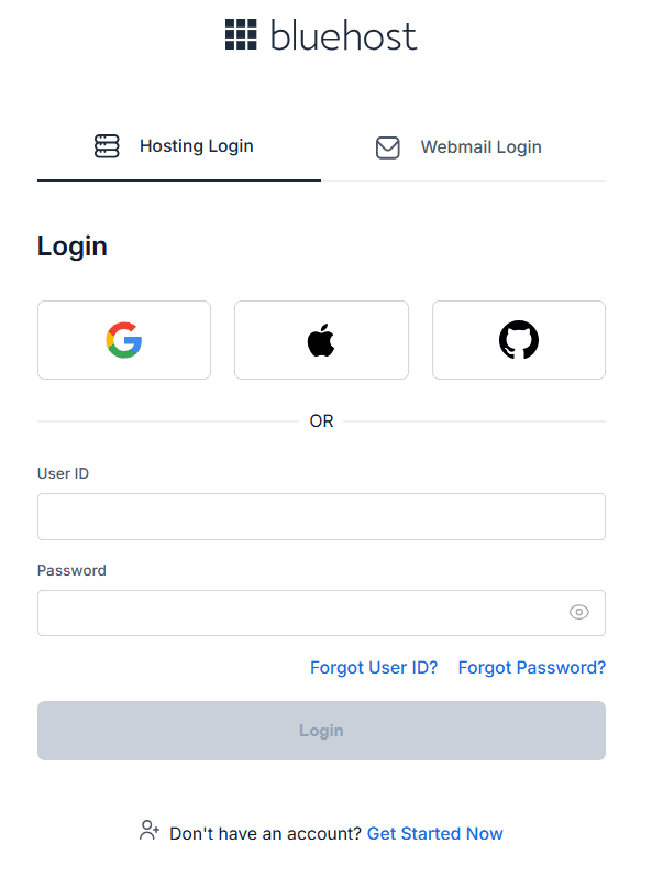 Bluehost login page for getting a WordPress website