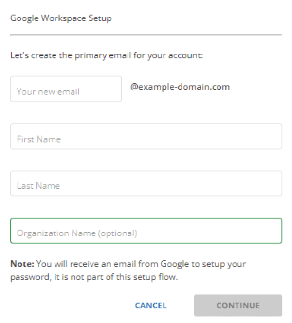 Setup Google Workspace: primary business email form with domain fields for account setup