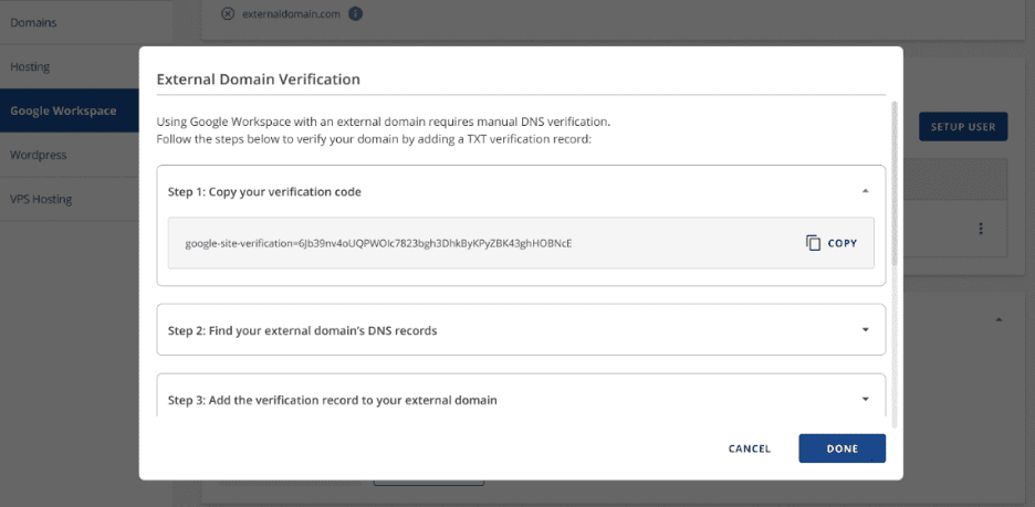Setup Google Workspace: external domain verification steps with TXT DNS record screen for business