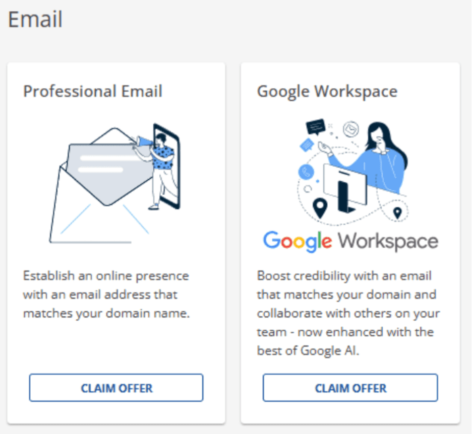 Google Workspace setup options for business email—cards showing Professional Email and offers