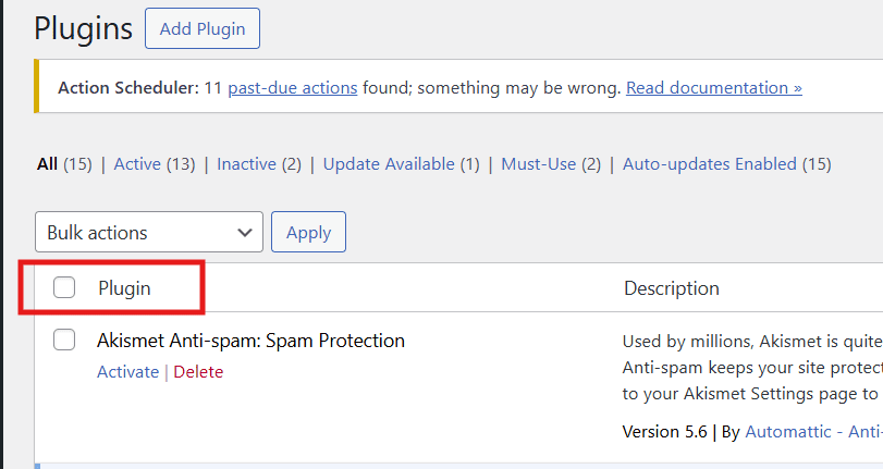 WordPress plugins page showing possible cause of blank white page WordPress error