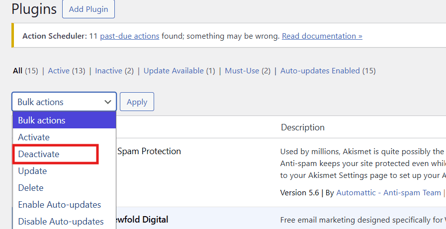 Deactivate plugins in WordPress admin to troubleshoot blank white page WordPress error quickly